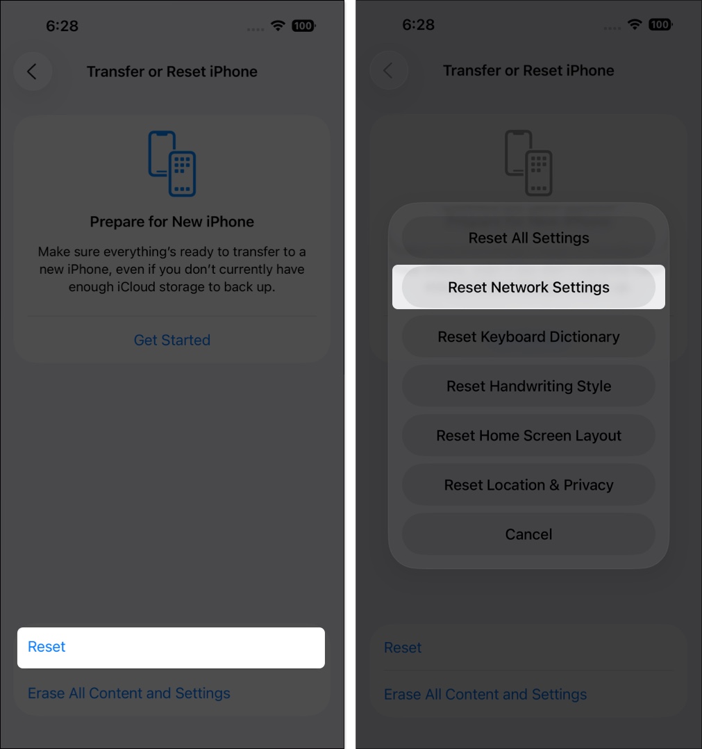 Tap reset → reset network settings