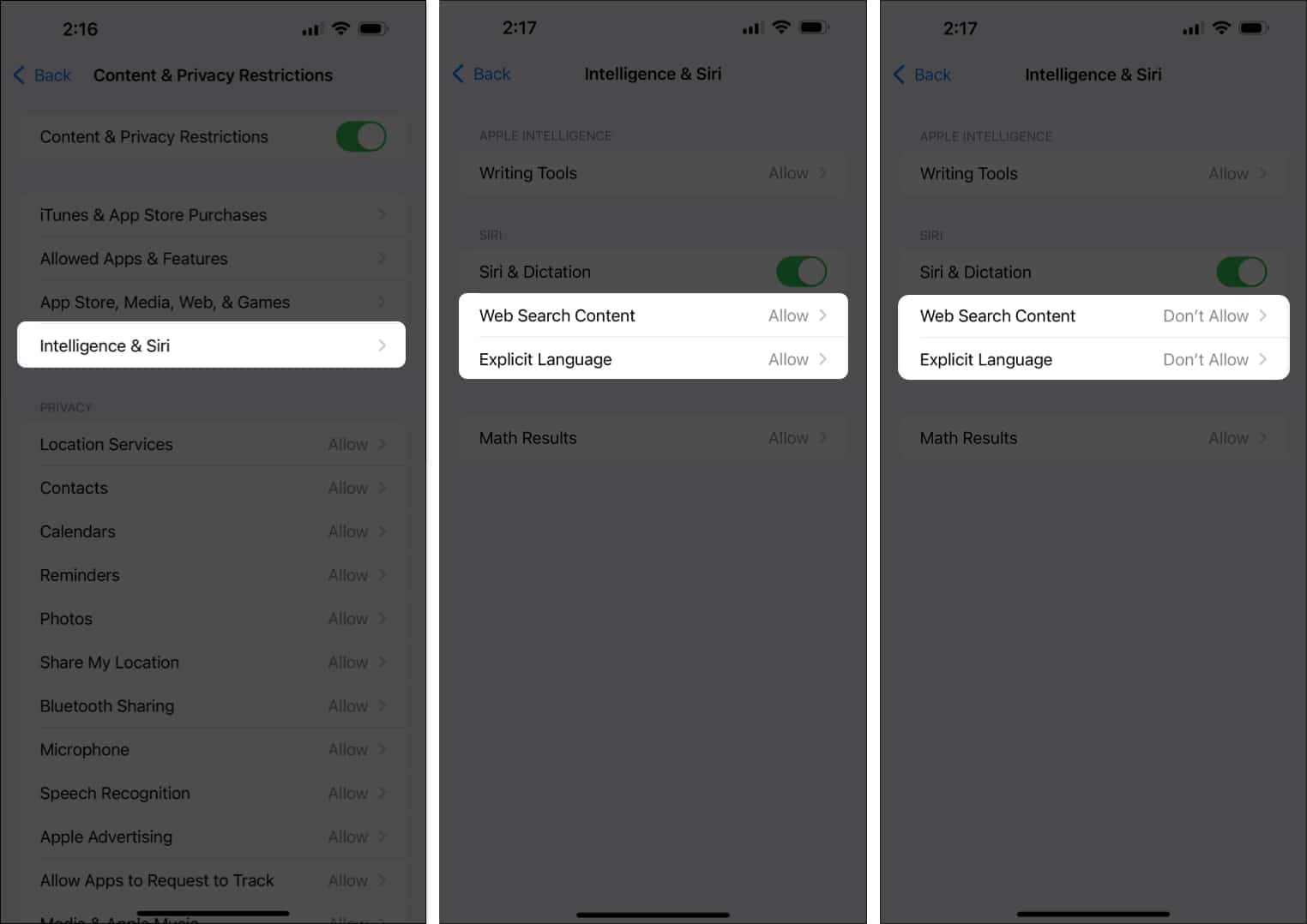 Intelligence  Siri settings on an iPhone