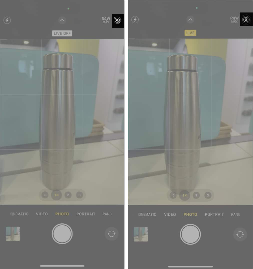 Turning on the Live Photo option in iPhone Camera app
