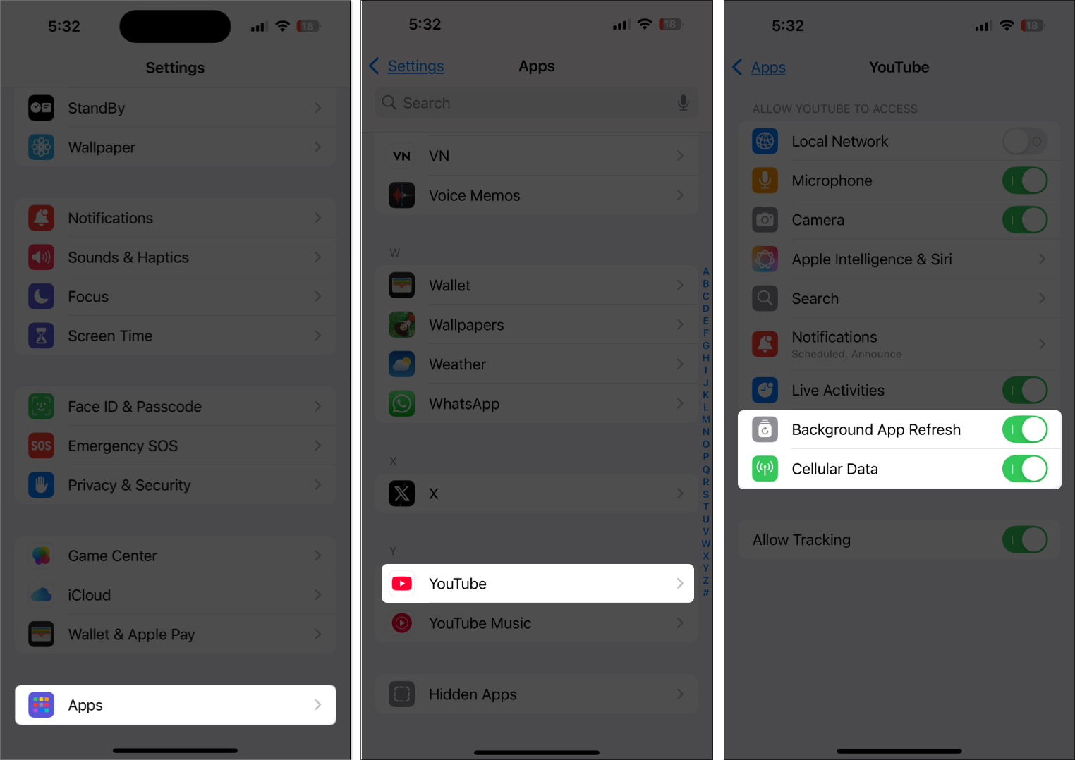 Enable cellular data and background app for YouTube on iPhone settings