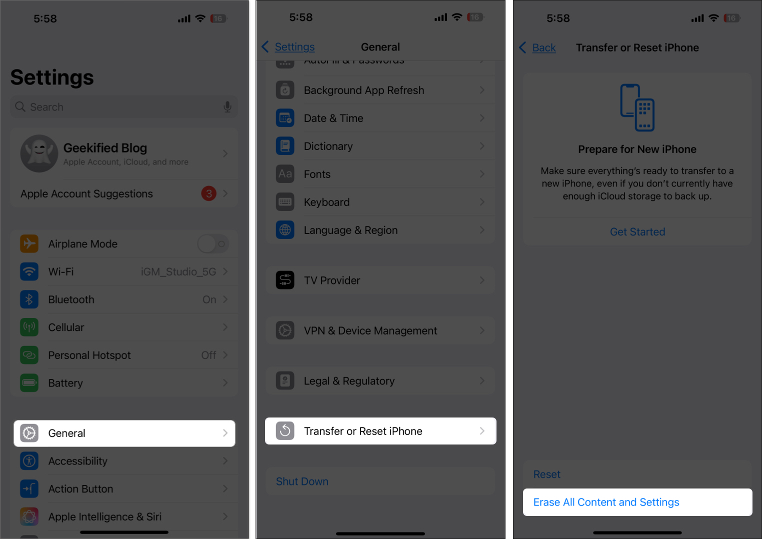 Factory data reset steps on iPhone settings