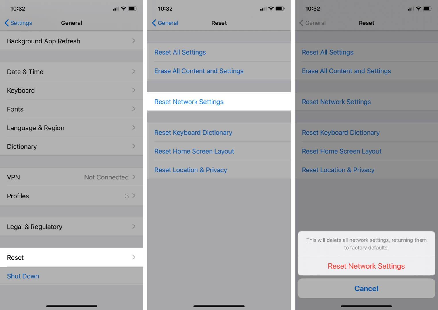 Reset network settings from iPhone settings