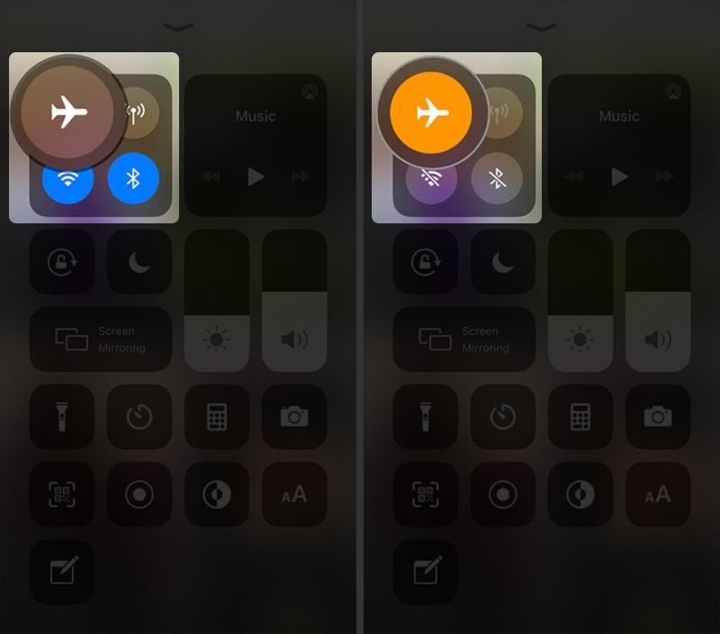 Turn on or off airplane mode in control center on iPhone