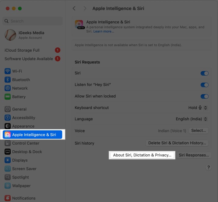 Accessing the About Siri Dictation  Privacy option in System Settings on a Mac