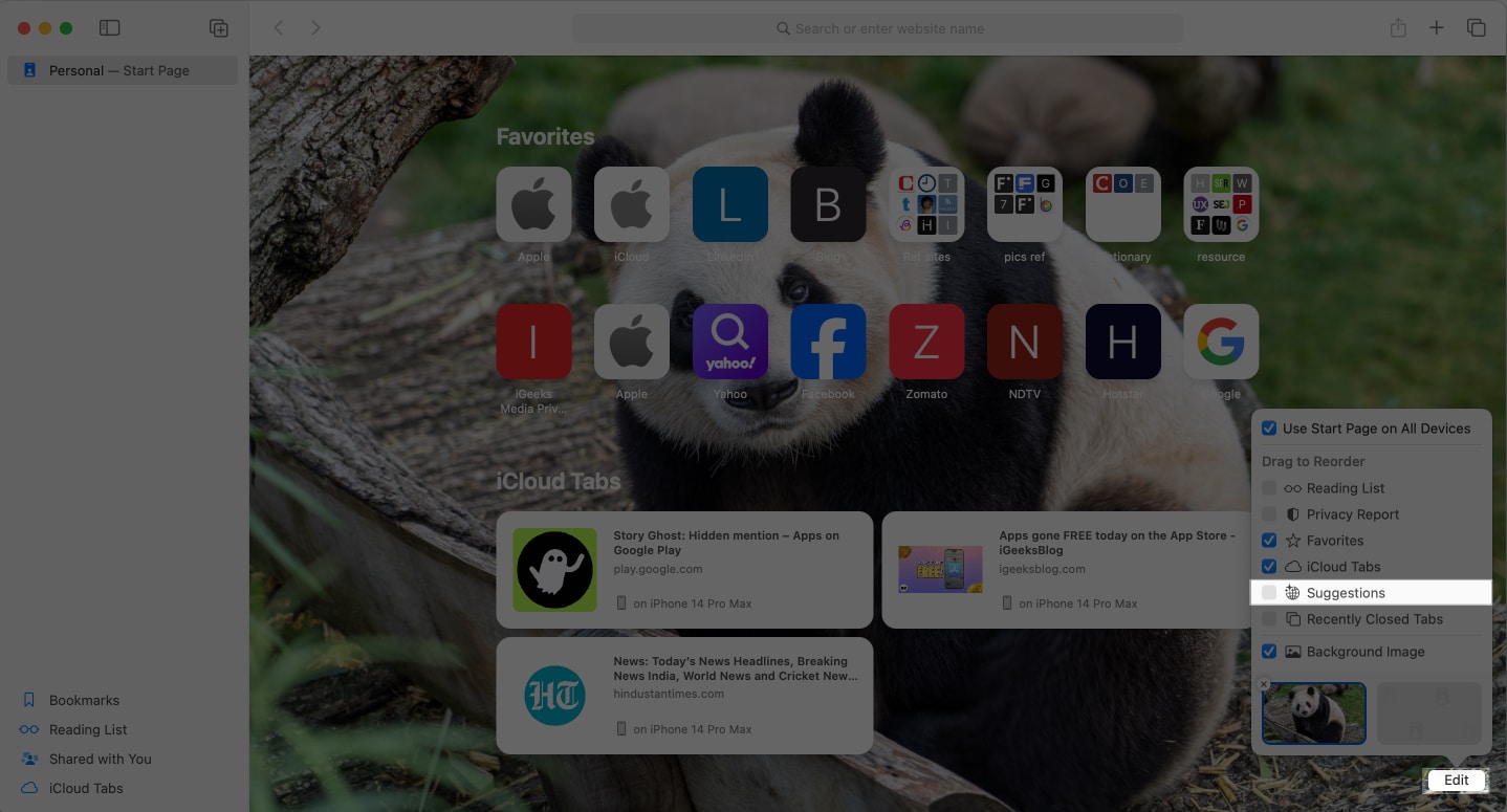 Disabling Siri Suggestions on the Safari start page on  a Mac