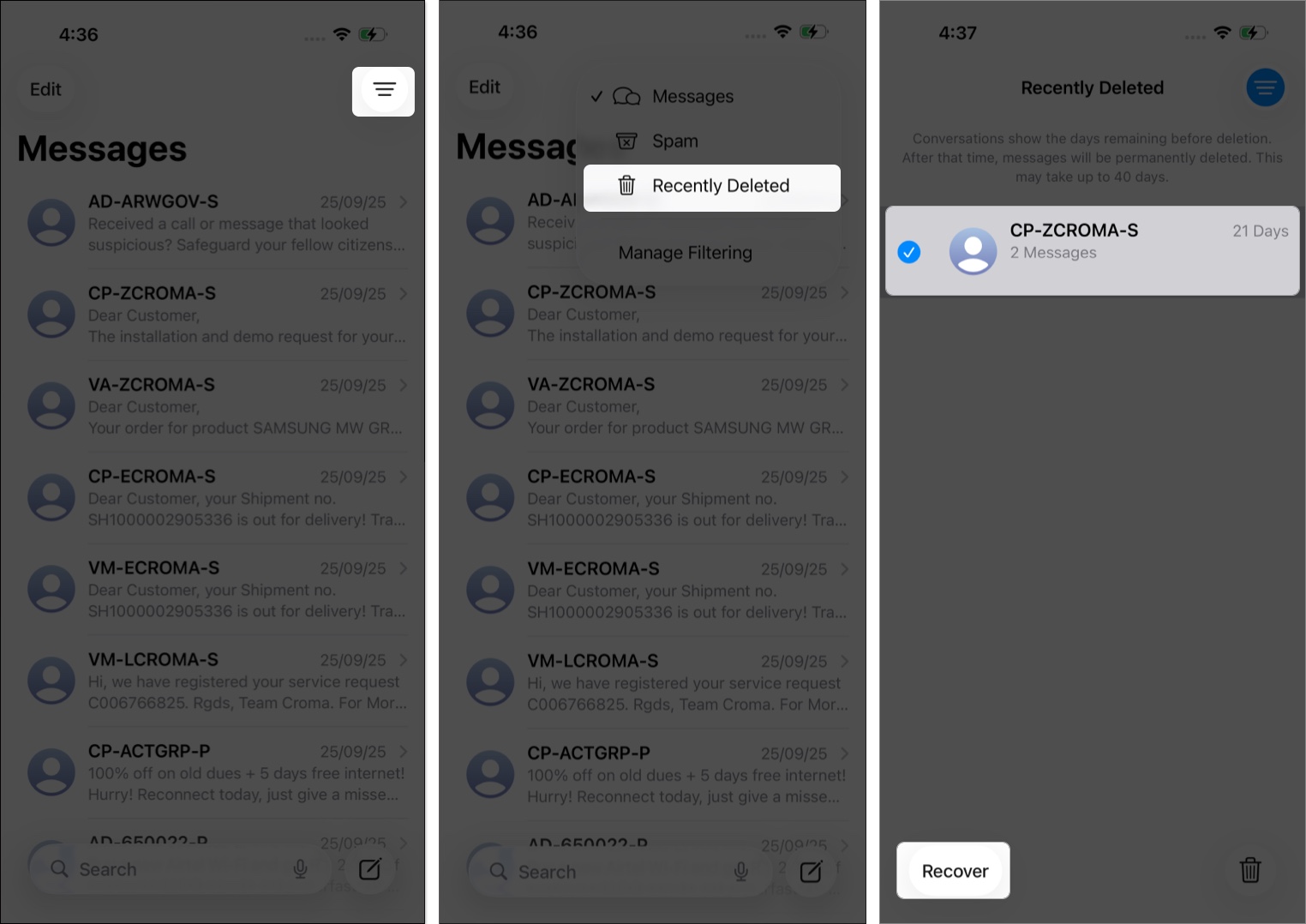 Recover an auto deleted code in messages