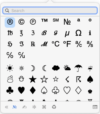 macOS Character Viewer on a Mac showing all the different special characters