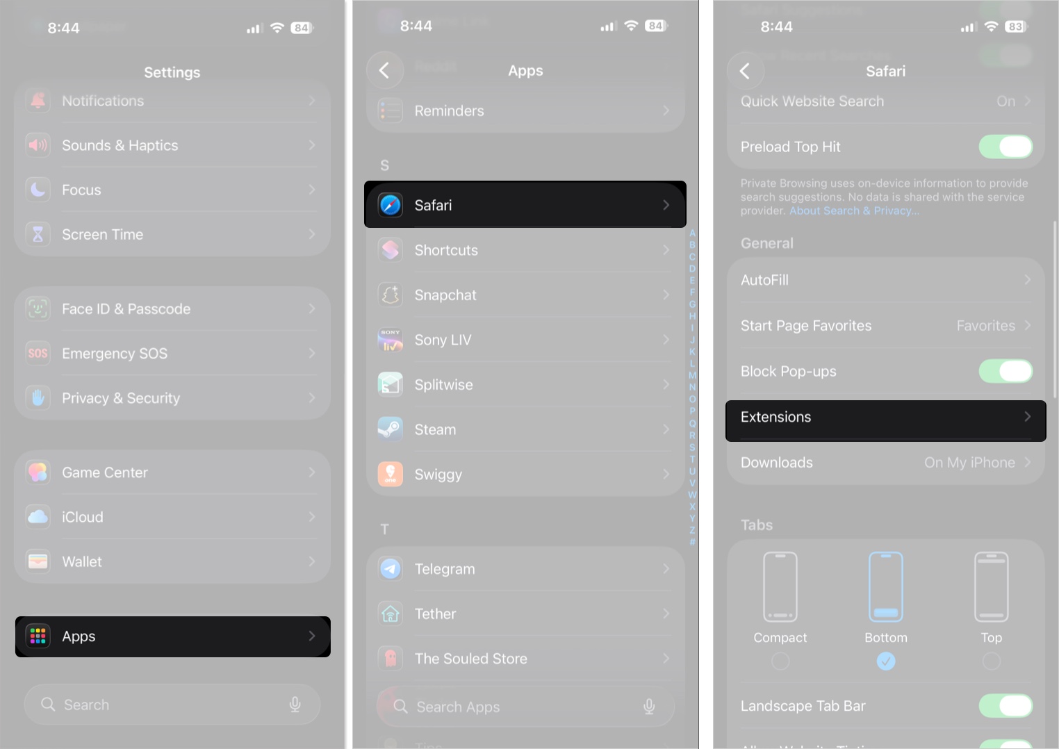 Tap Extensions under General in Safari Settings