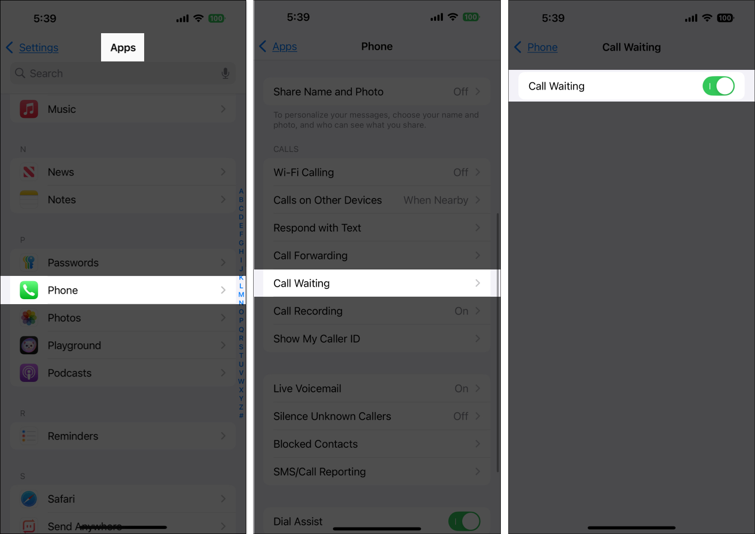 Toggling on the Call Waiting feature in the iPhone Settings app