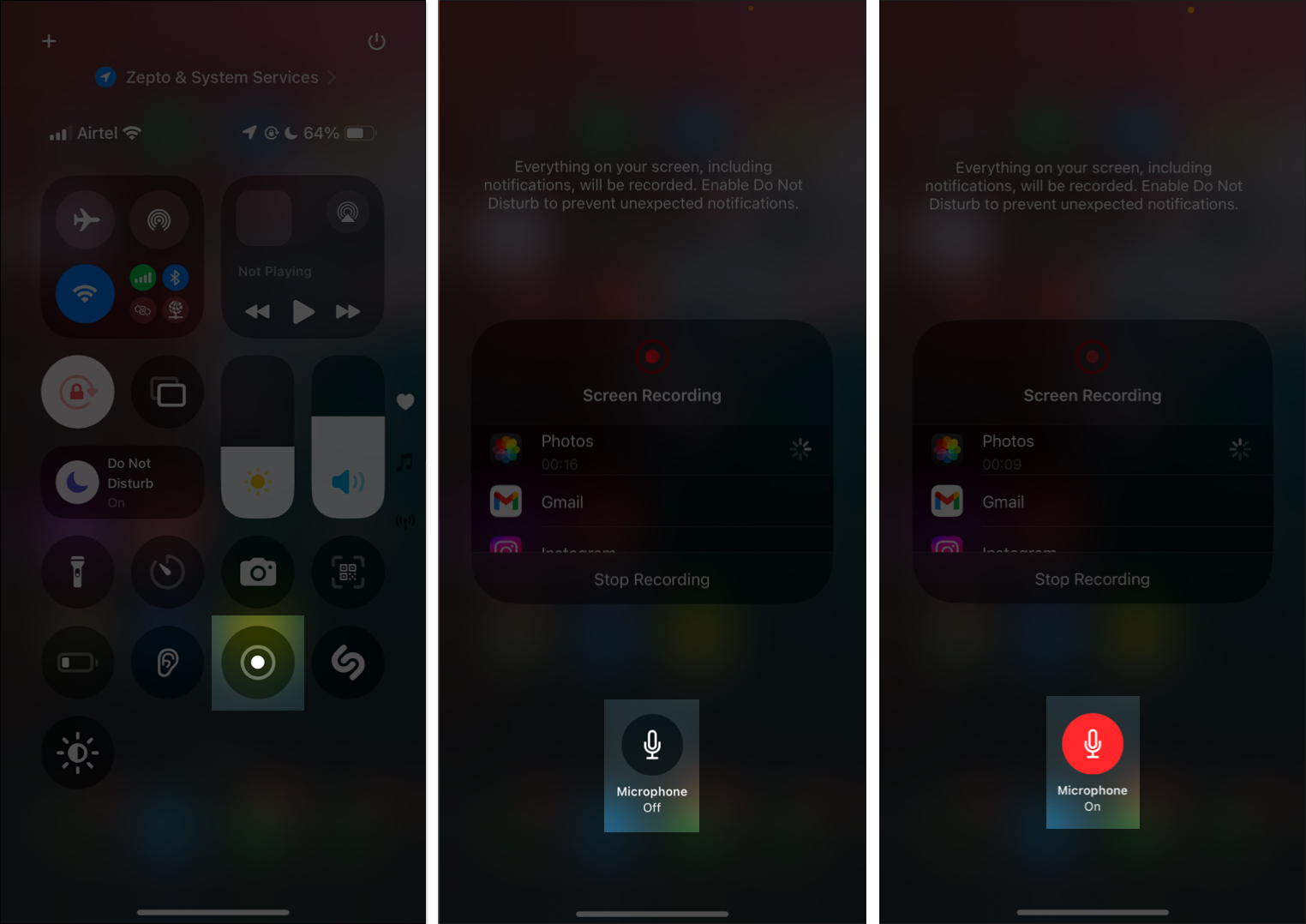 Turning on Microphone to record screen with audio from Control Center