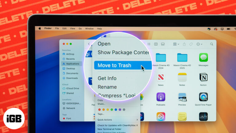 Move to Trash option to delete an app on a Mac.