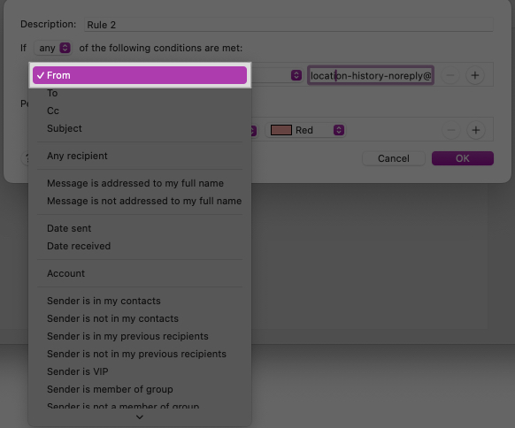 Choose From option to set condition in Mail app