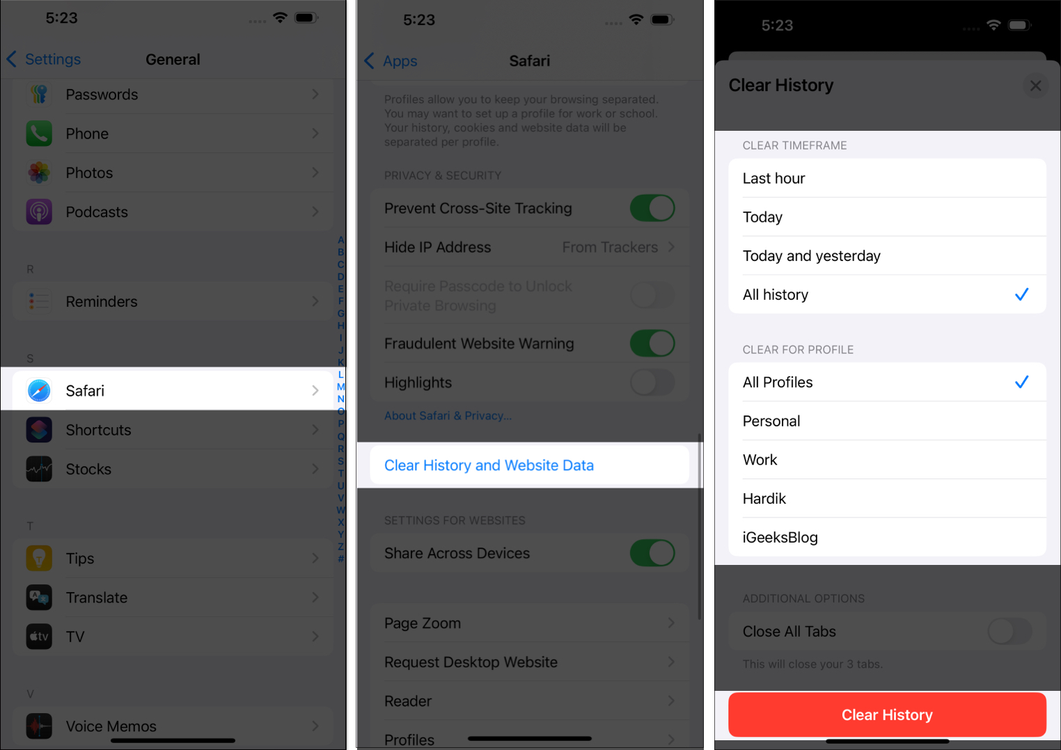 Clearing Safari browser history on iPhone