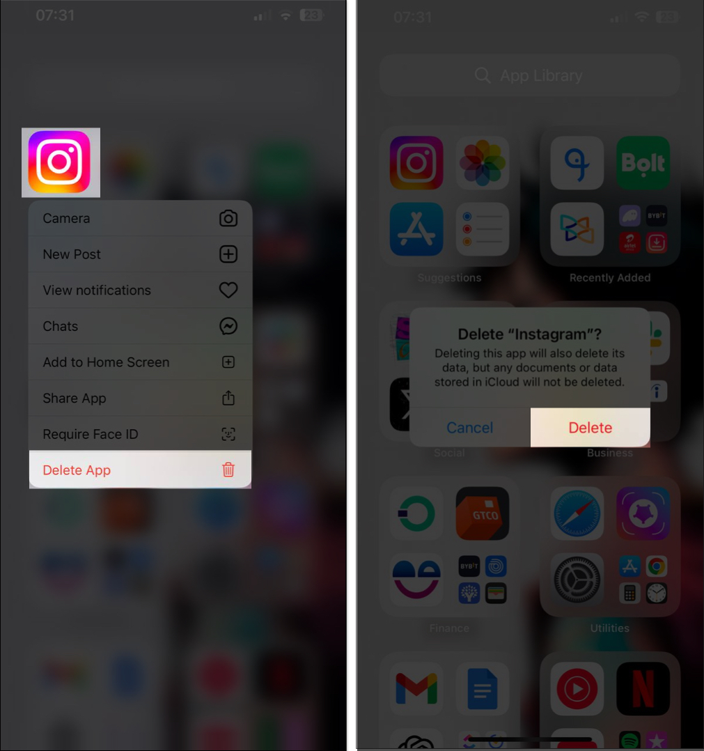 Deleting the Instagram app on an iPhone