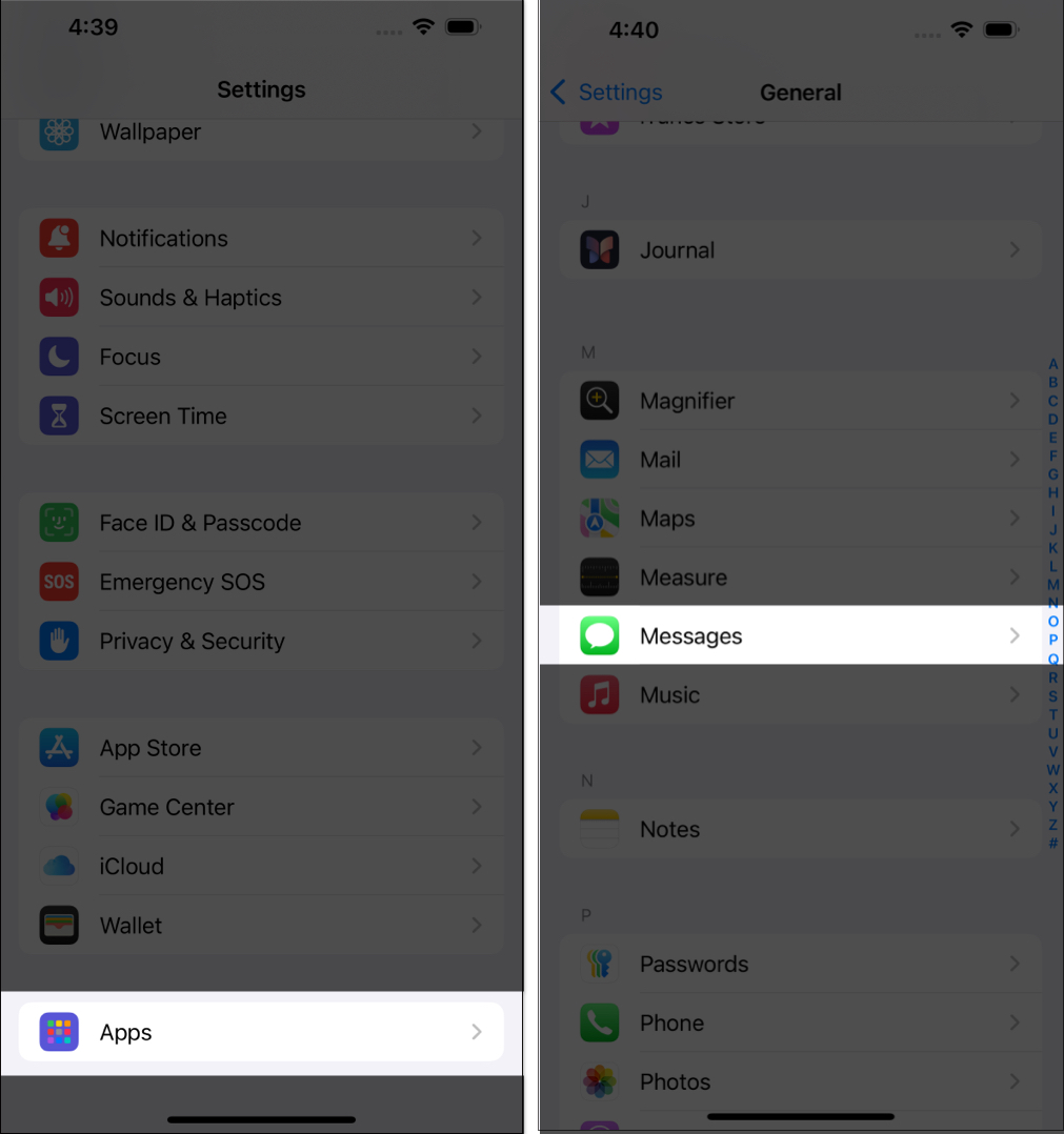 Accessing Messages under Apps in iPhone Settings app