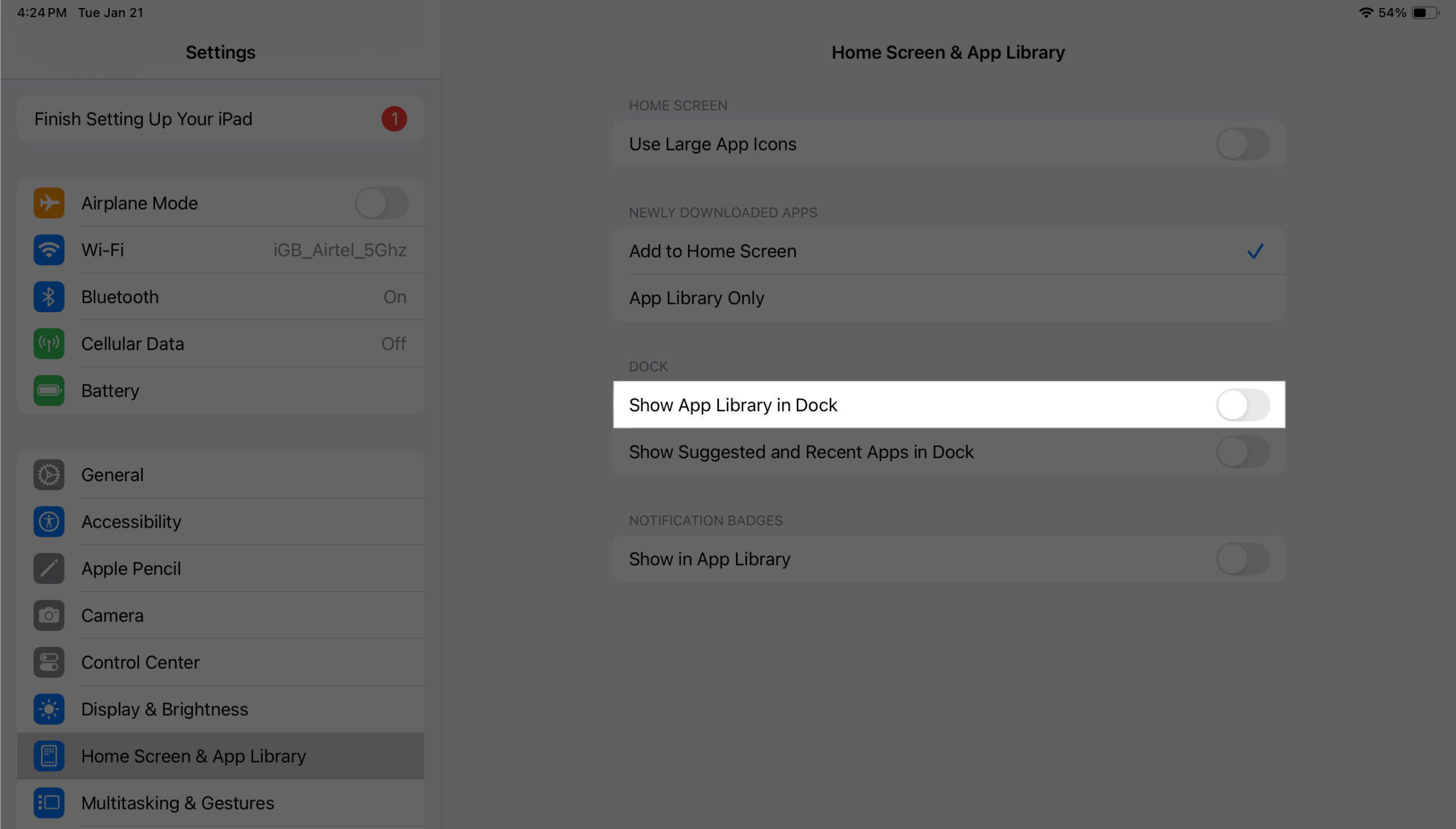 Toggling off the Show App Library in Dock and Show Suggested and Recent Apps in Dock options in iPadOS Settings.