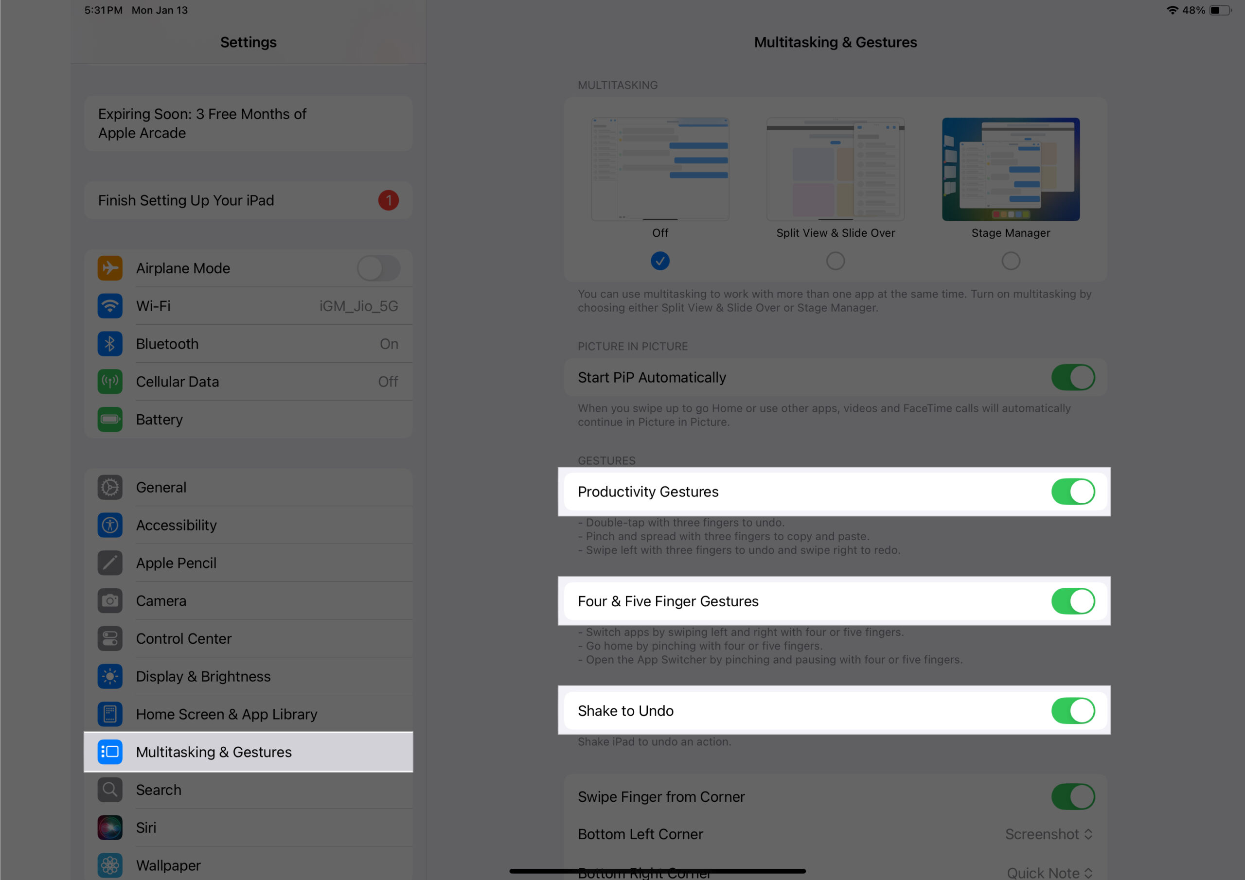 Toggling on Productivity Gestures Four  Five Gestures and Swipe finger from Corner in iPadOS Settings app