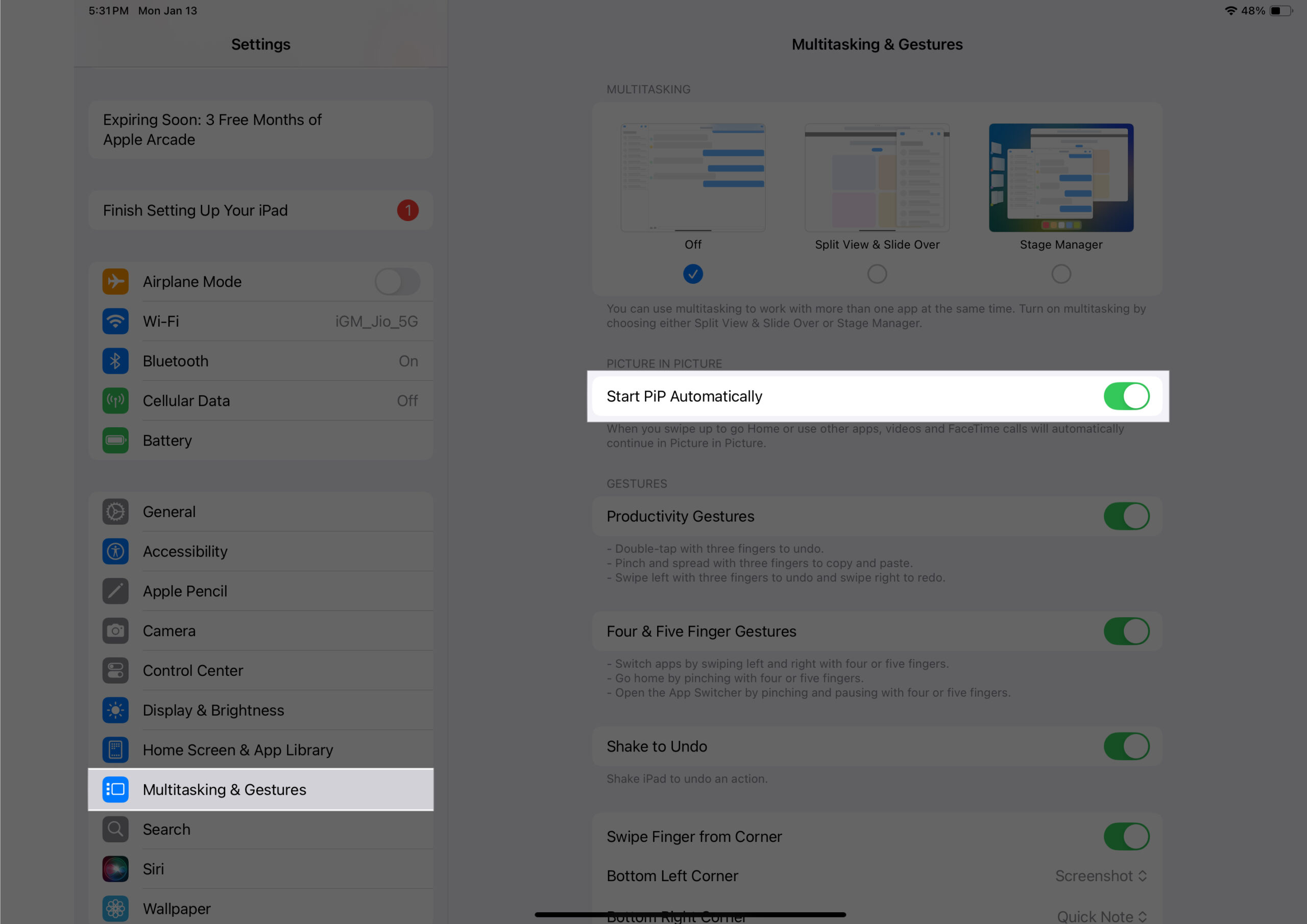 Toggling on the Start PiP Automatically option from Multitasking  Gestures settings on an iPad