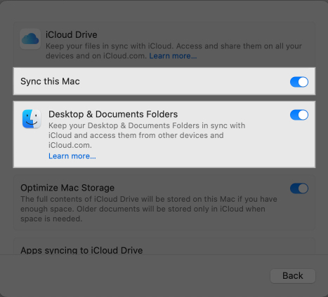 Toggling on Sync this Mac and Desktop  Documents folders options under iCloud Drive settings