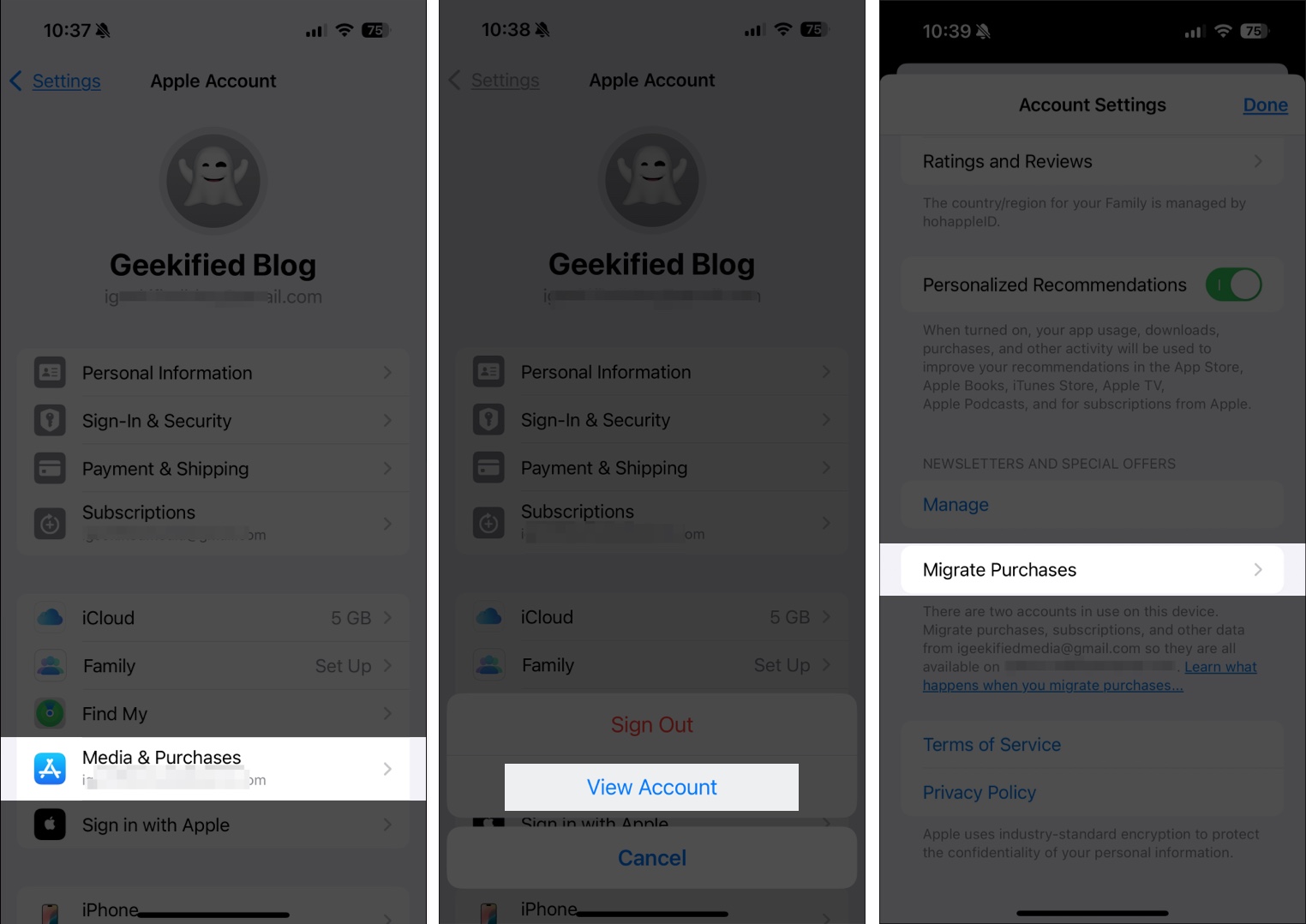 Accessing Migrate Purchases option in Apple Account Settings page