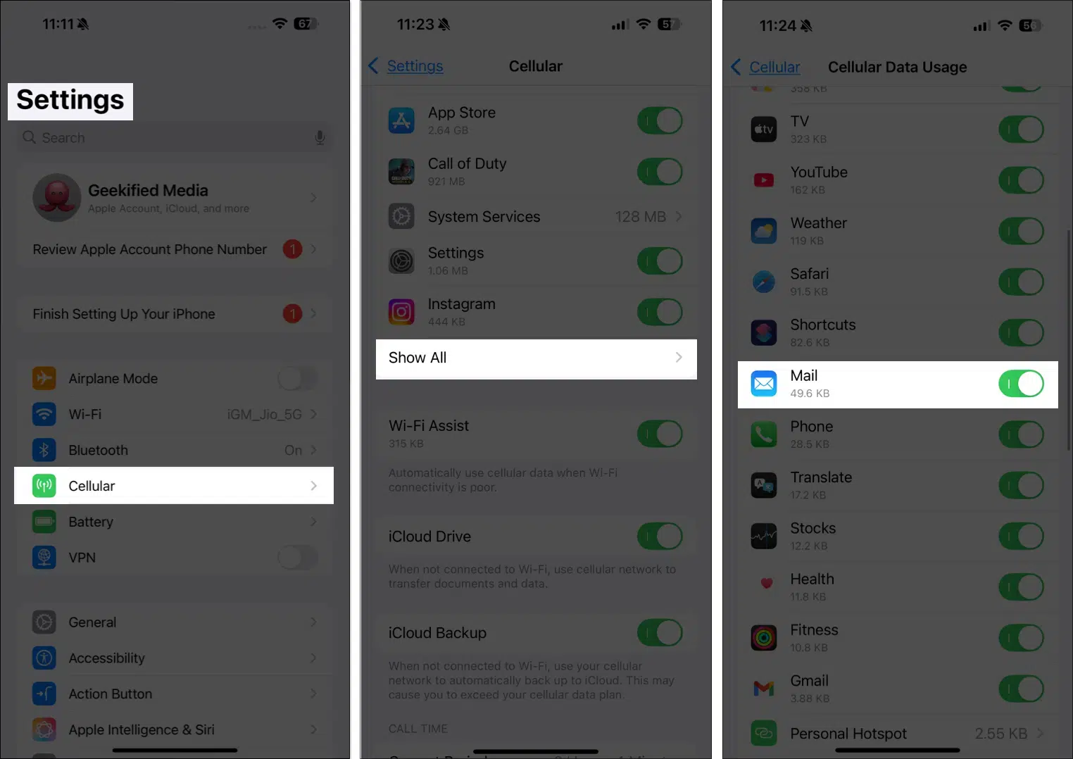 Toggle on Mail to Use Cellular Data