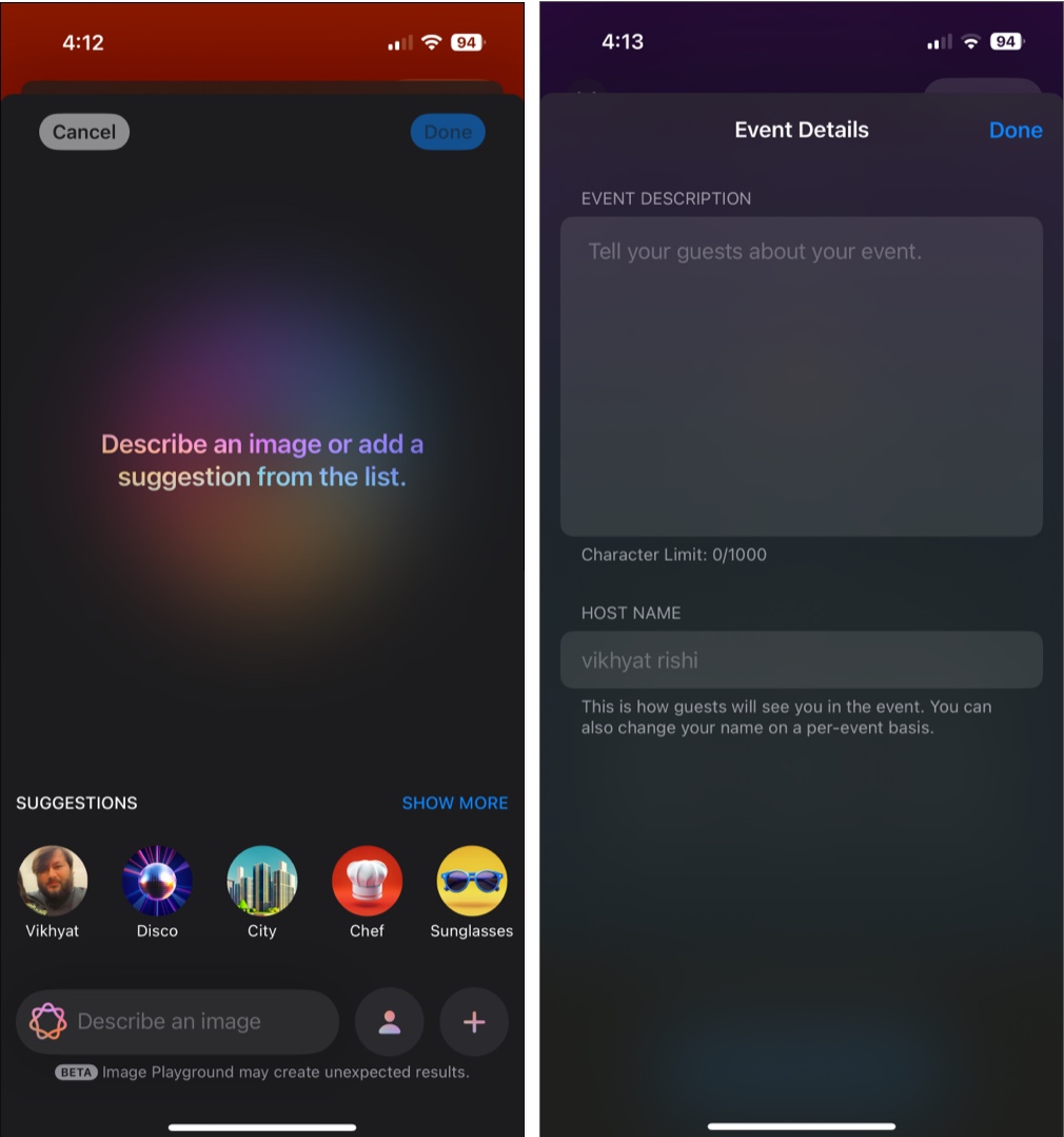 Using Image playground and adding event description in Apple Invites app