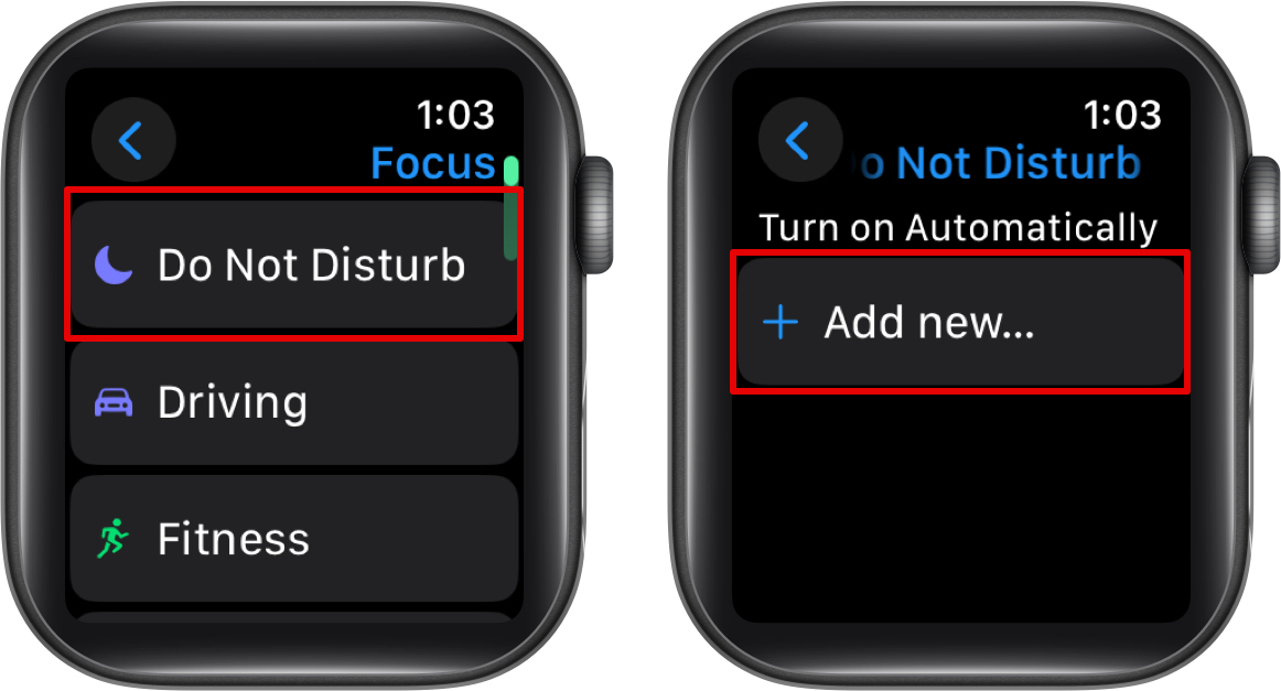 Accessing the Do Not Disturb Focus in watchOS Settings app and creating a new schedule