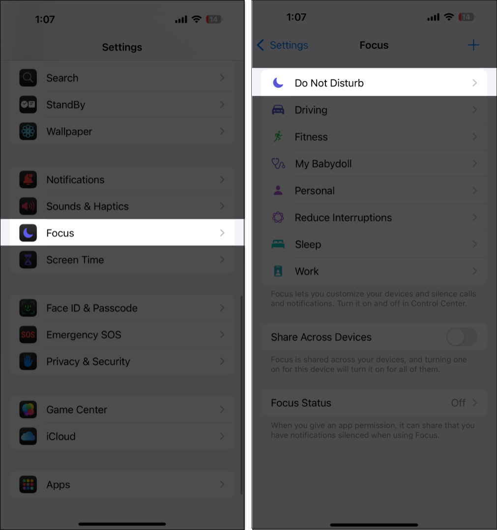 Navigating to Do Not Disturb under Focus settings on an iPhone
