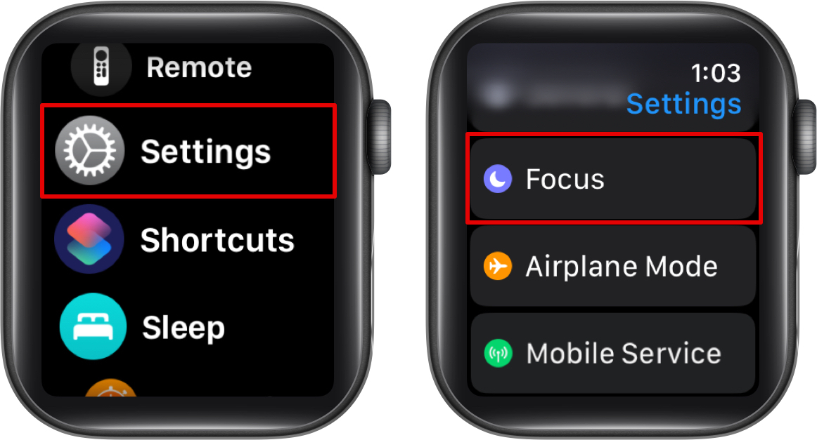 Accessing Focus settings in the Apple Watch Settings app