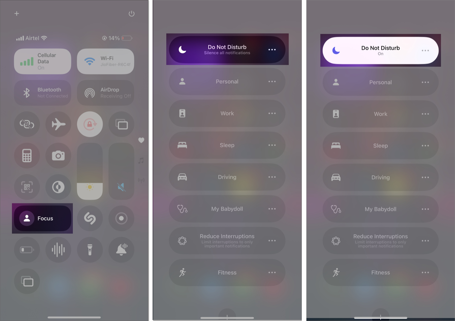 Turning on Do Not Disturb mode from the Control Center on an iPhone