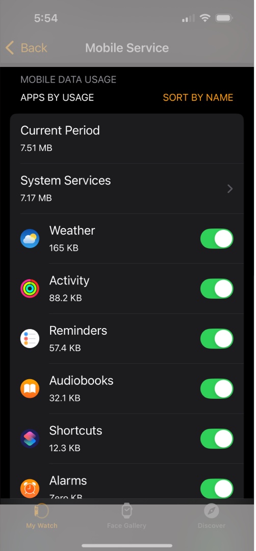 Check data usage in the Watch app under Cellular settings