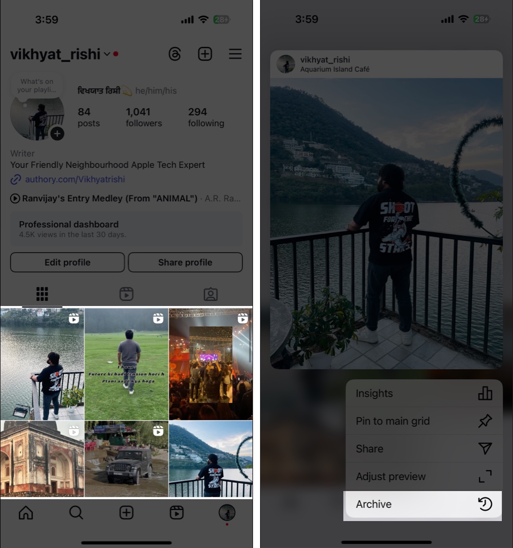 Archiving an Instagram post on an iPhone