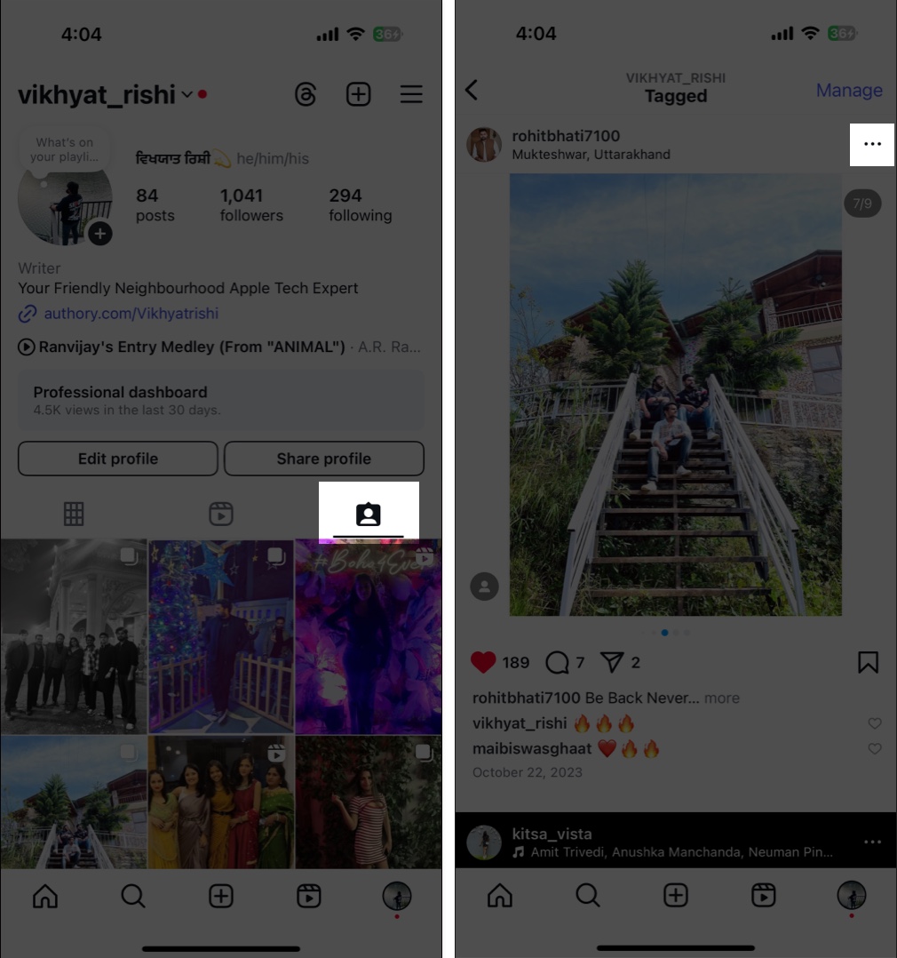 Accessing menu for a tagged Instagram post