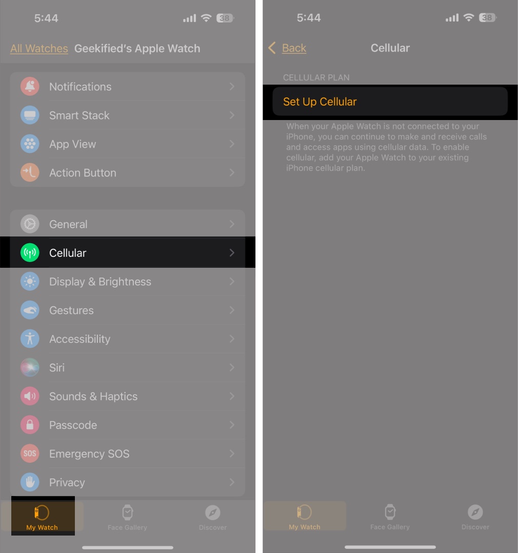 Open Watch app go to My Watch Cellular and tap Set Up Cellular if supported