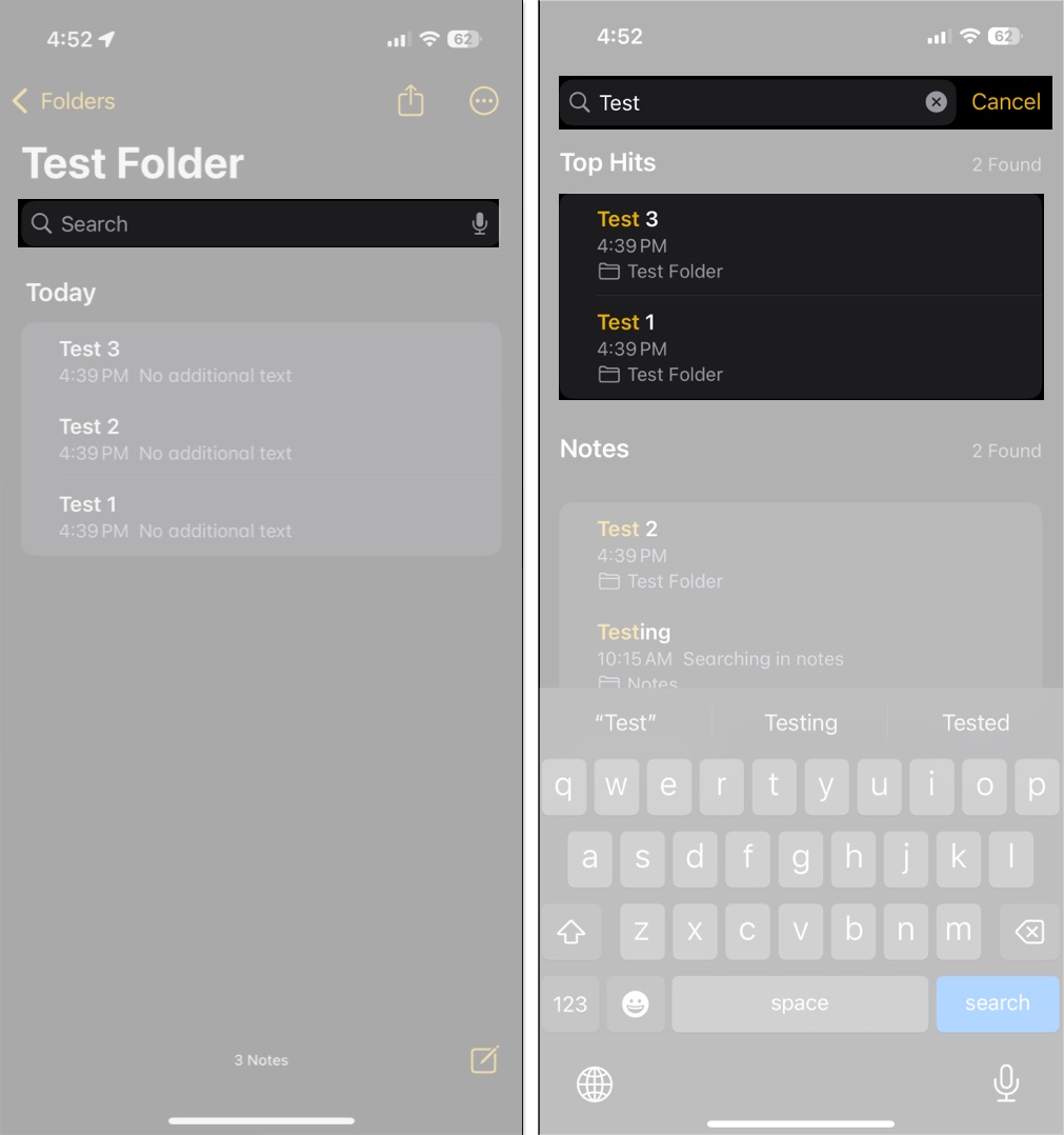 Searching within a specific folder in the Notes app on an iPhone