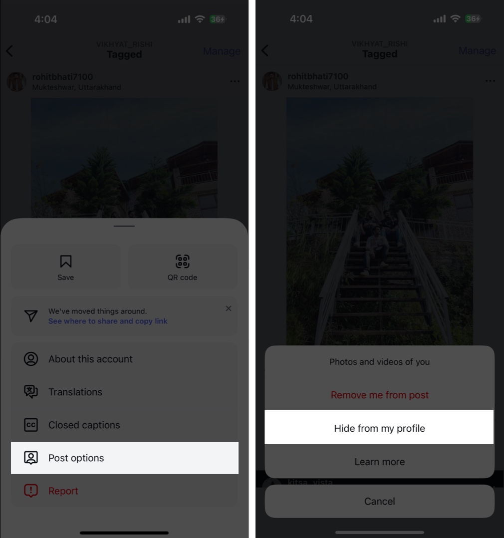 Accessing Post Options to hide a tagged Instagram post from profile on an iPhone