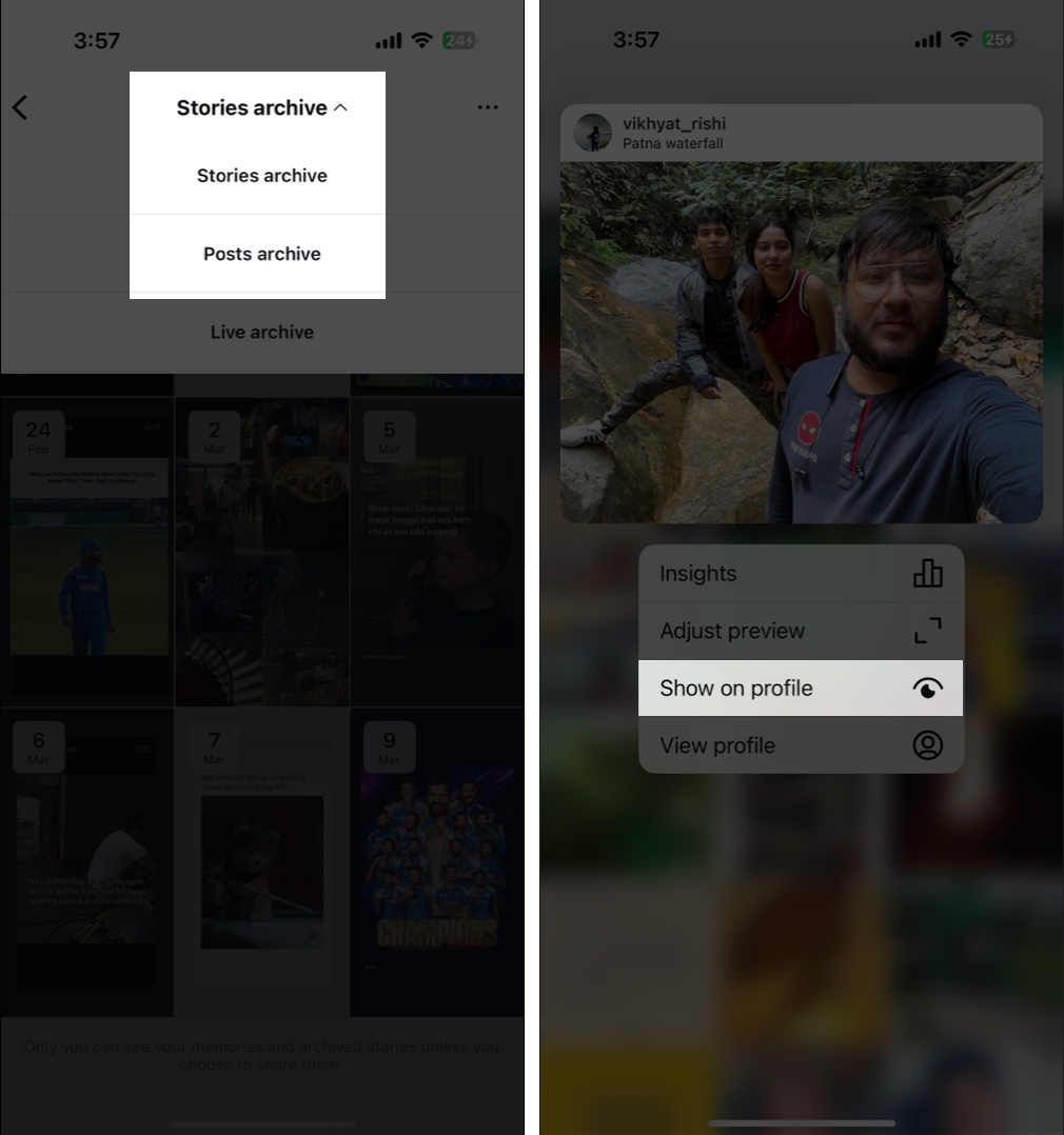 Using the Show on Profile option to restore an archived Instagram post on an iPhone