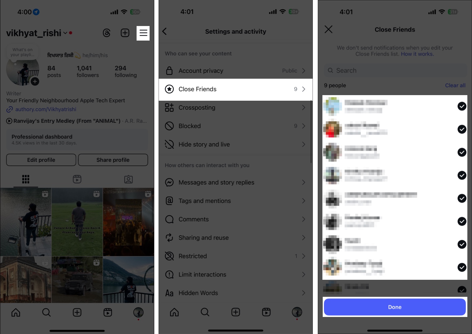 Adding users to the Close Friends group in Instagram on an iPhone