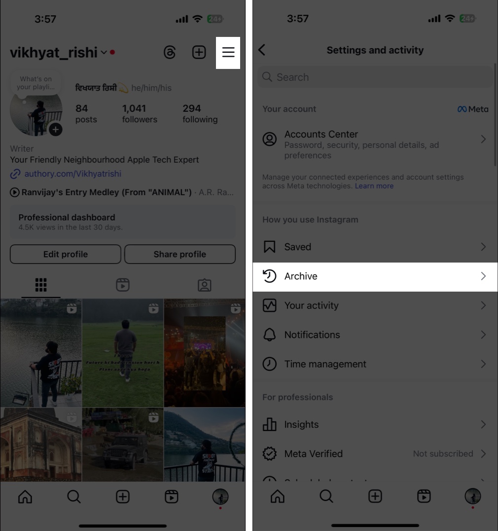 Accessing archived posts on the Instagram app on an iPhone
