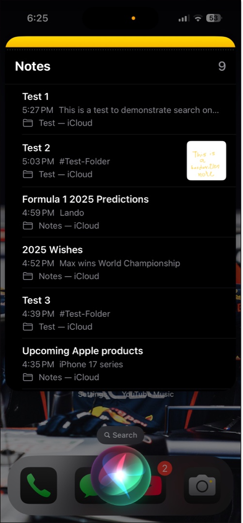 Using Siri to search for notes in the Notes app on an iPhone