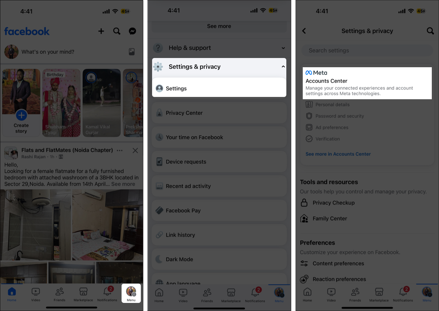 access accounts center from meta settings on iPhone
