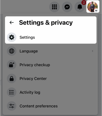 access settings and privacy option from meta profile on the web