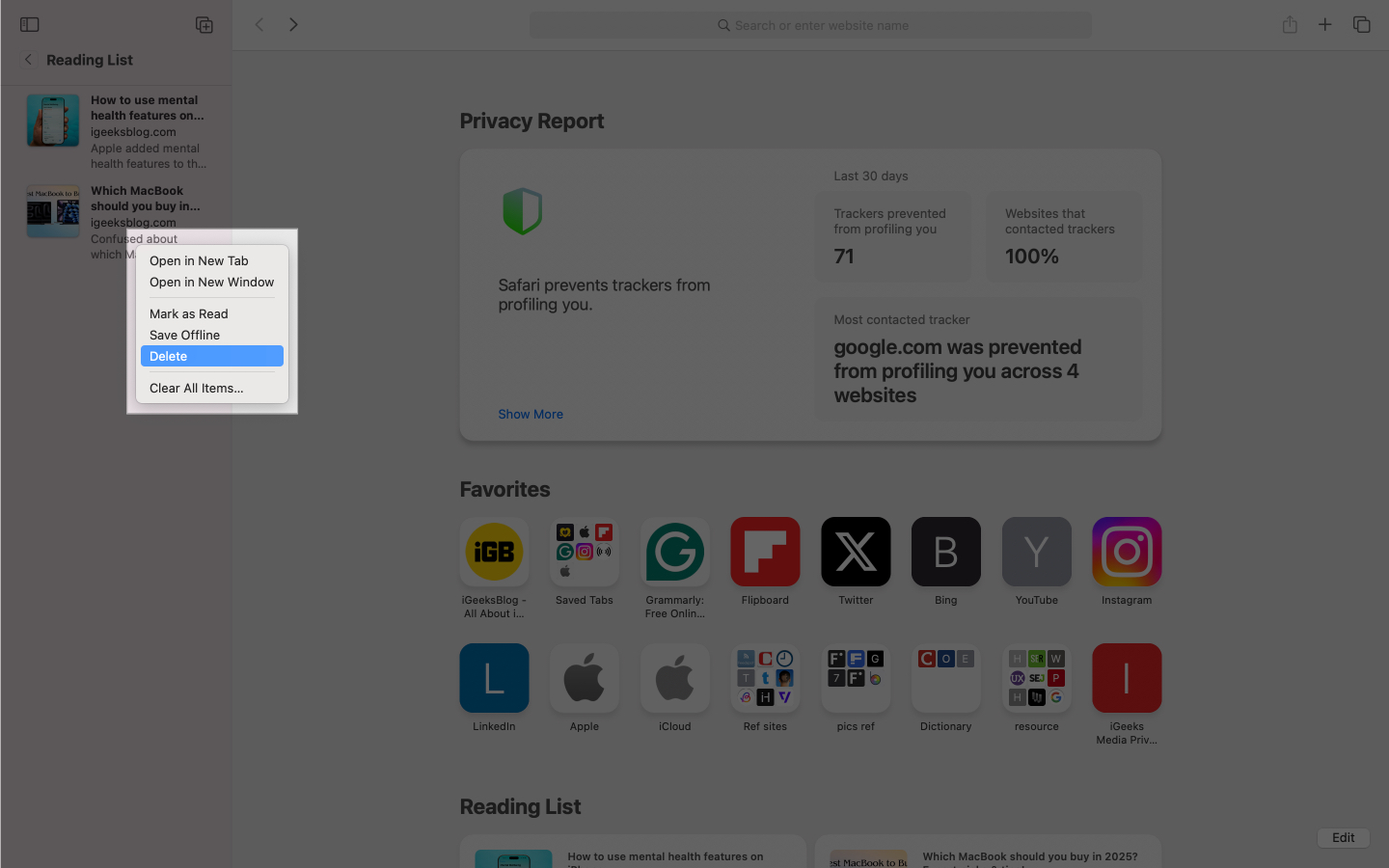 Deleting an item from Safari Reading List on a Mac