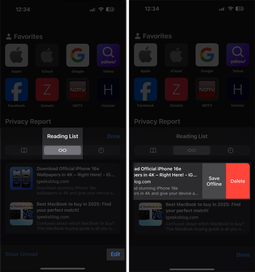 Deleting an item from Reading List on an iPhone