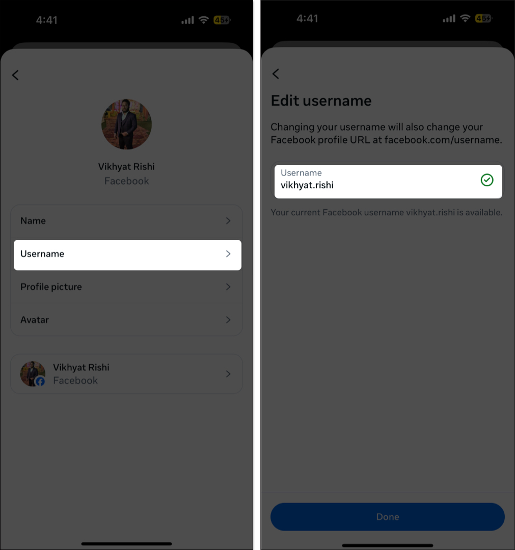 editing username from the meta settings on iPhone