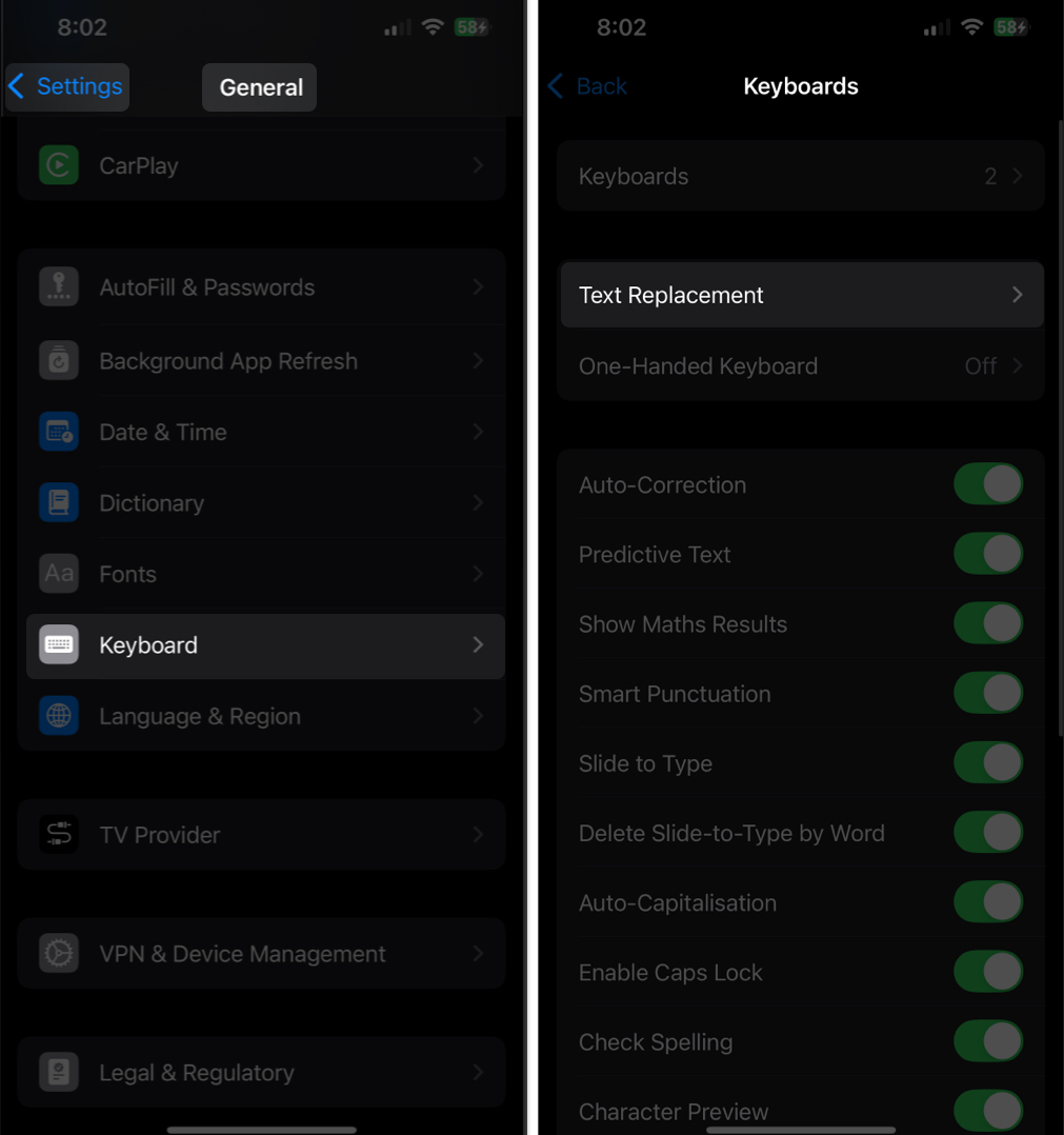 Text Replacement page in iOS Settings app