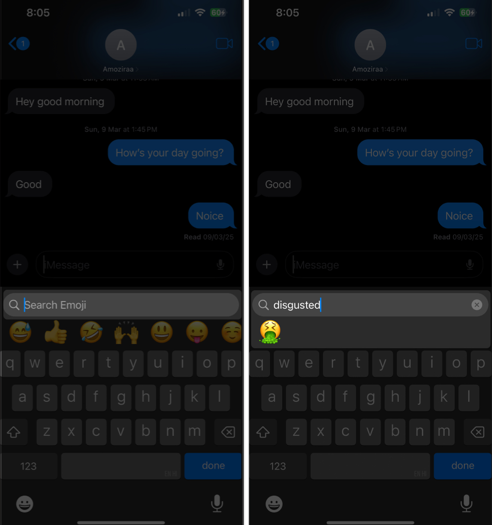 search and select the displayed emoji options on emoji keyboard