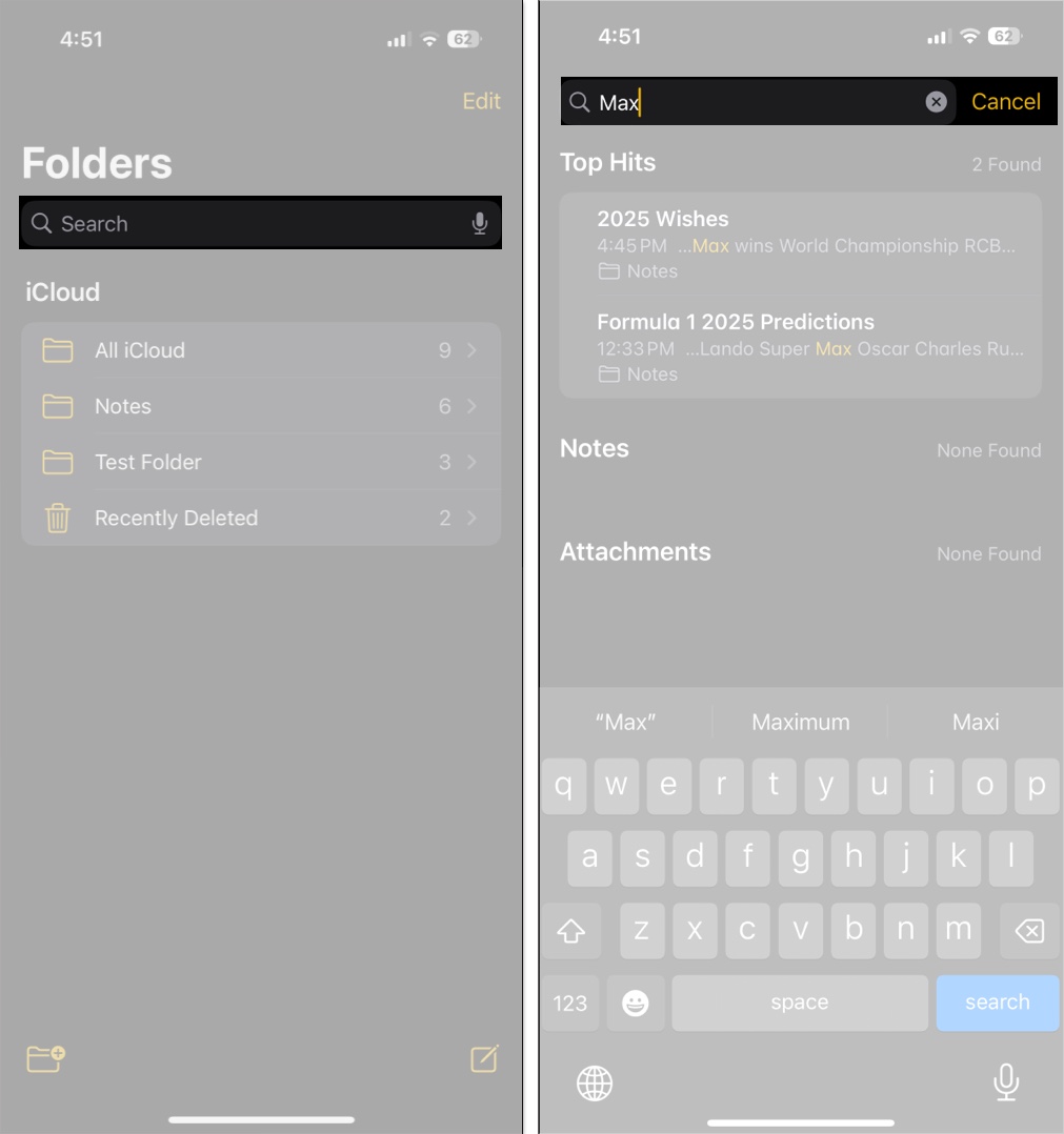 Searching for notes in the iPhone Notes app using keywords