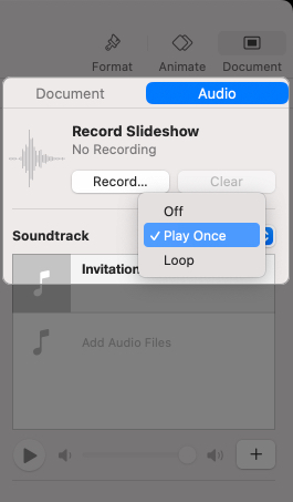 Configuring sound track for a slideshow in Keynote
