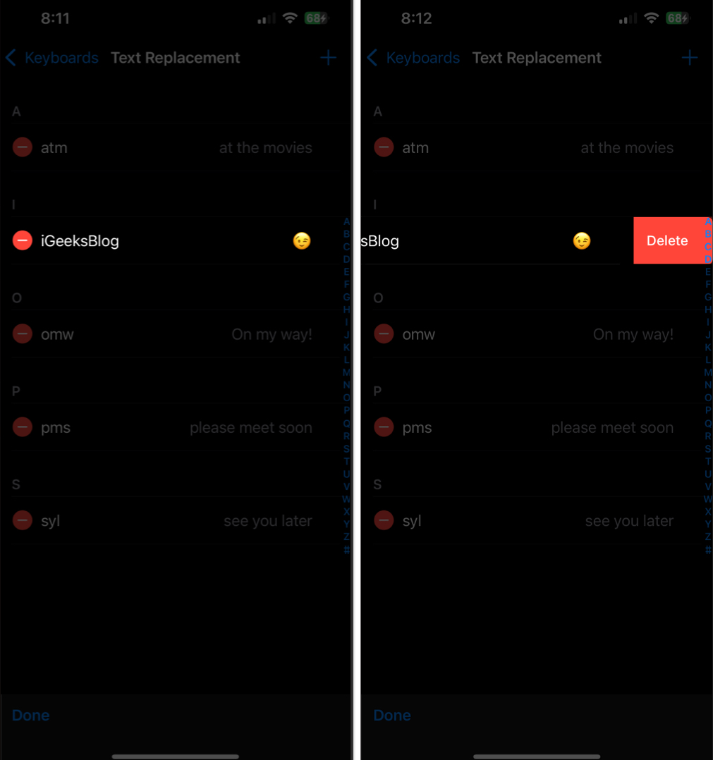 Deleting a text replacement in iOS Settings app